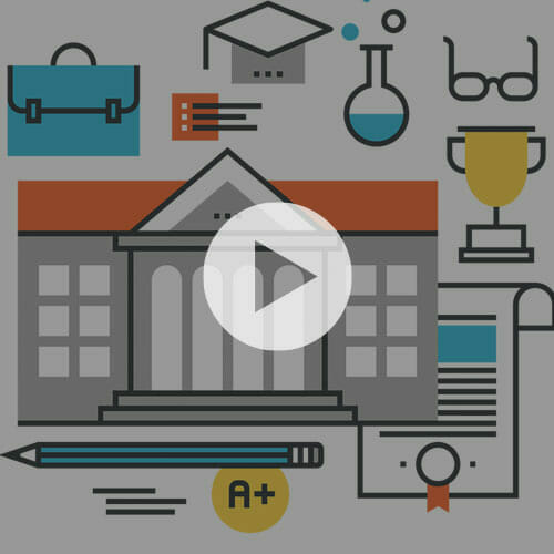 illustration of a campus building, academics, sports, and graduation with a play button overlay