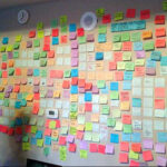 Colored post-it notes stuck on a wall during a brainstorm session
