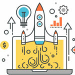 illustration of online learning with computers and a spaceship taking off on the screen