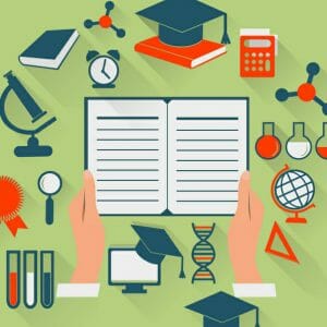 illustration of a campus building, academics, sports, and graduation