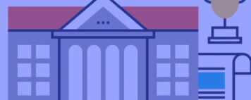 illustration of a campus building, academics, sports, and graduation with a play button overlay