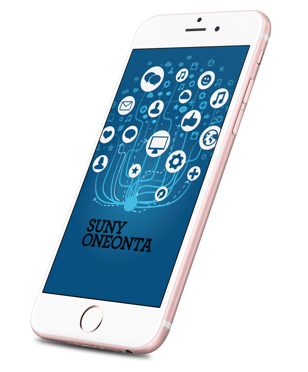 suny-oneonta Suny Oneonta logo with digital learning icons on an iPhone