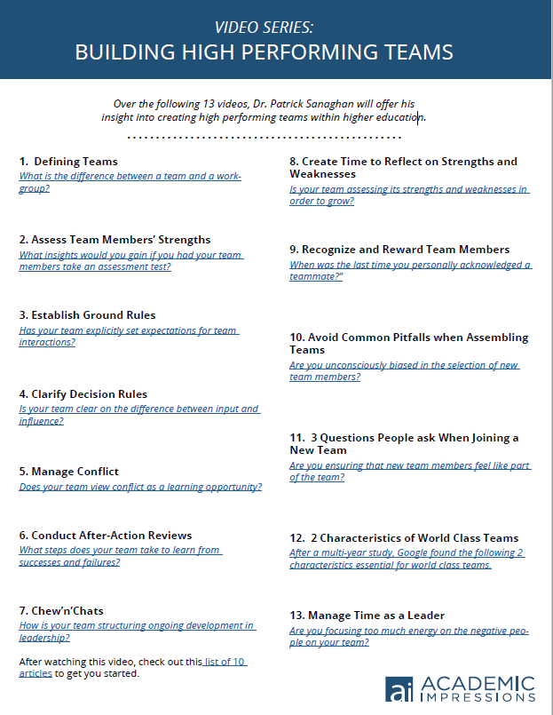 Image of the "Video Series: Building High Performing Teams" PDF. 