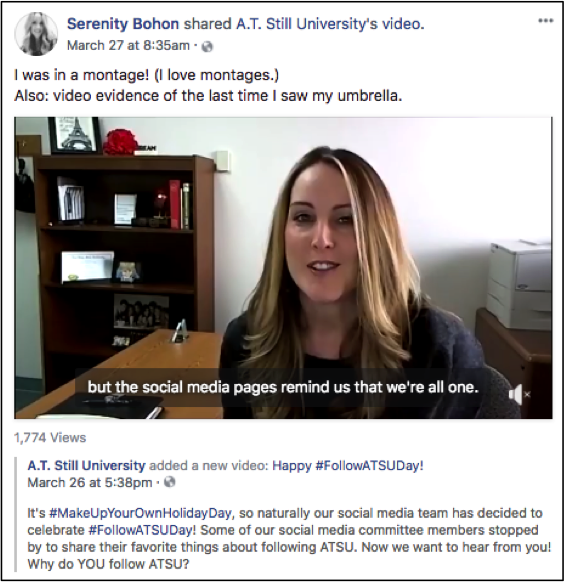 Social Strategy: Example of Social Media Committee Members Sharing ATSU Posts