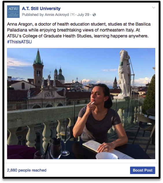 Social Strategy: An example of a #ThisIsATSU Facebook post.