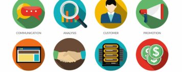 CRM round icons set with monitoring support customer communication and database vector illustration