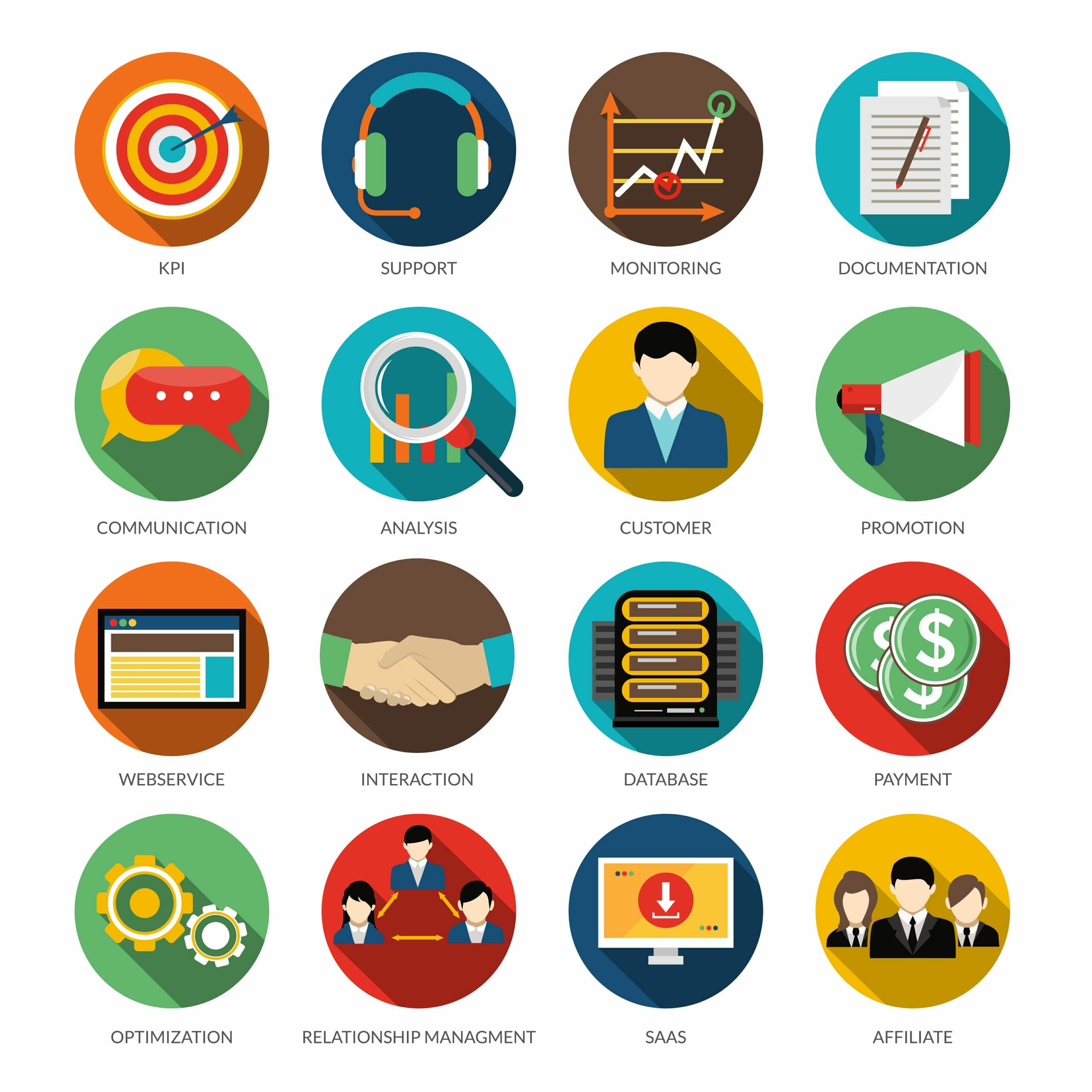 CRM round icons set with monitoring support customer communication and database vector illustration
