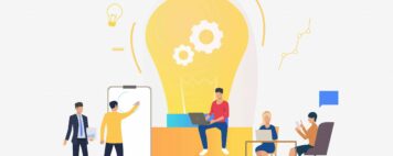 Light bulb, people discussing ideas and working. Innovation, study, work concept. Vector illustration can be used for topics like business, education, research