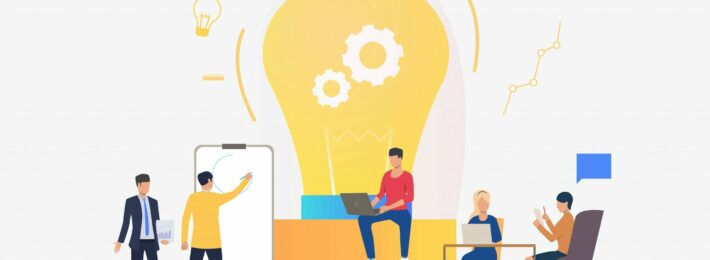 Light bulb, people discussing ideas and working. Innovation, study, work concept. Vector illustration can be used for topics like business, education, research