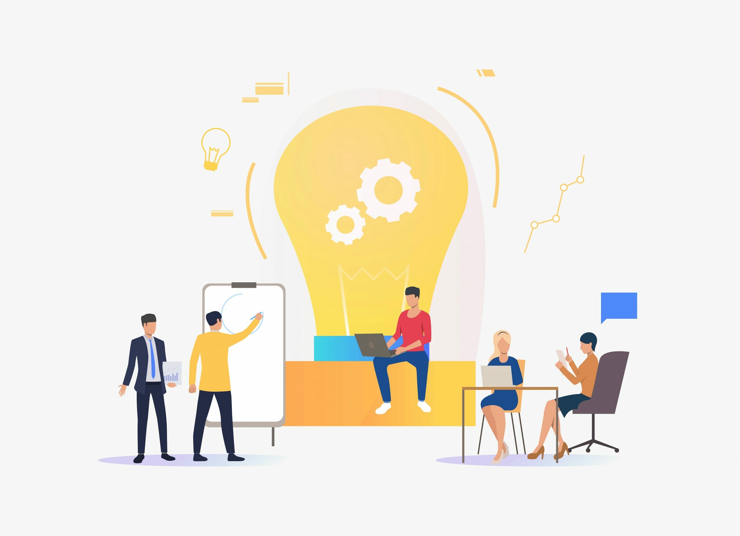 Light bulb, people discussing ideas and working. Innovation, study, work concept. Vector illustration can be used for topics like business, education, research