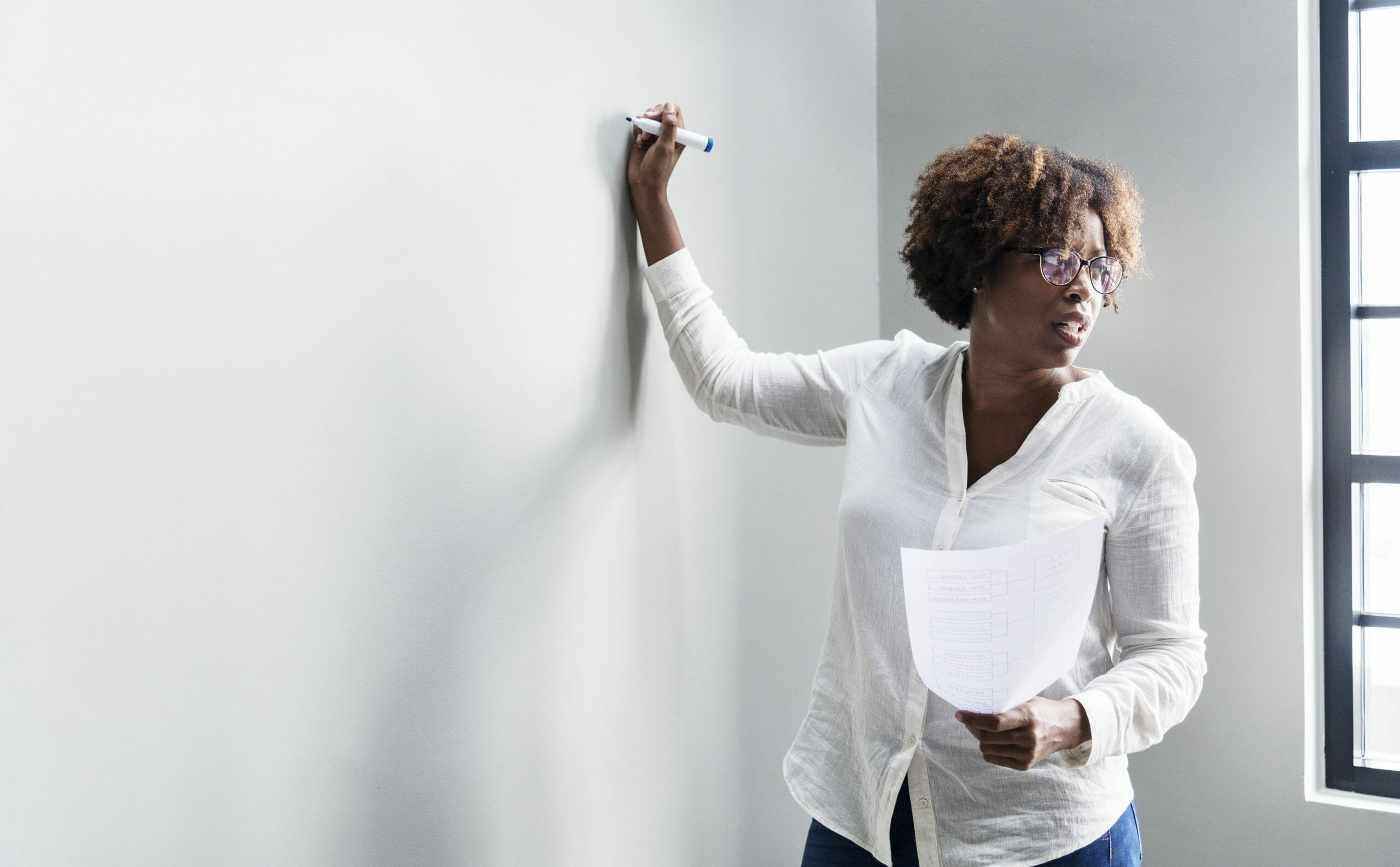 Woman writing on a whiteboard