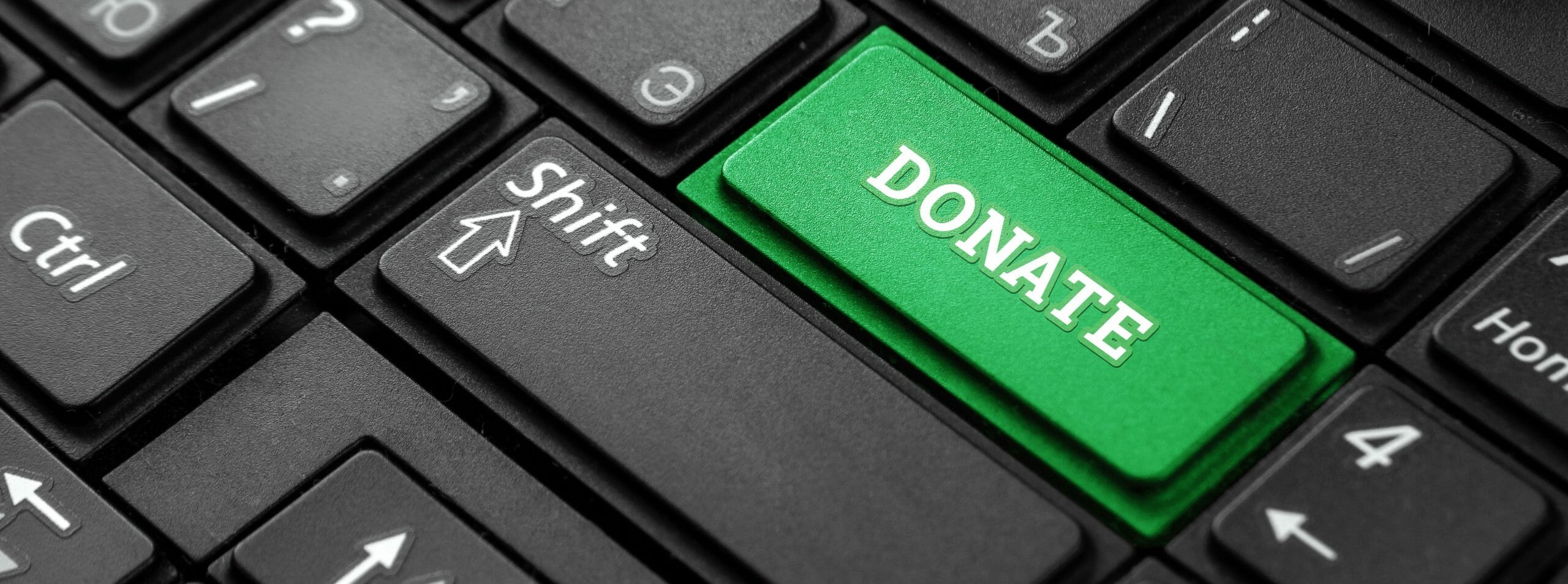 Closeup of a green button with the word Donate