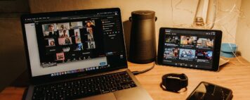 Photo: A class gathering remotely via laptop