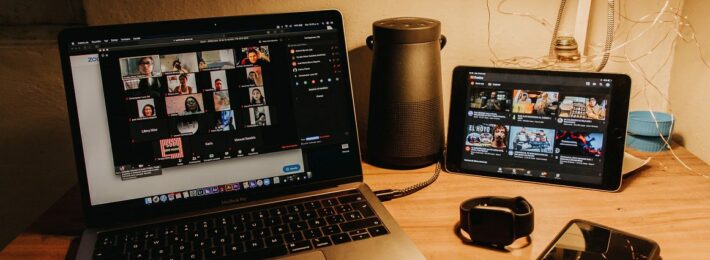 Photo: A class gathering remotely via laptop