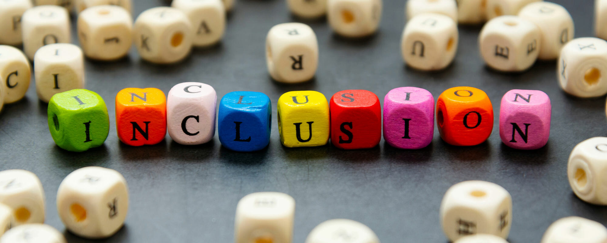 inclusion-cubes Inclusion spelled out on multi-colored cubes