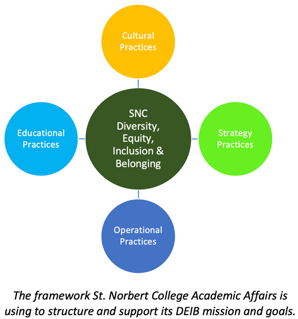 The framework St. Norbert College Academic Affairs is using to structure and support its DEIB mission and goals.
