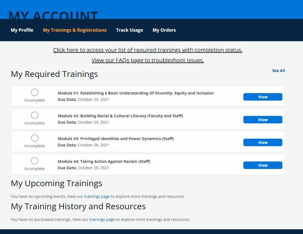 This screengrab shows how the Northeastern required courses are displayed in My Trainings & Registrations