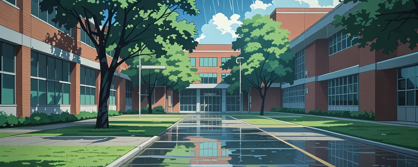 raining-college-campus College campus illustration after the rain