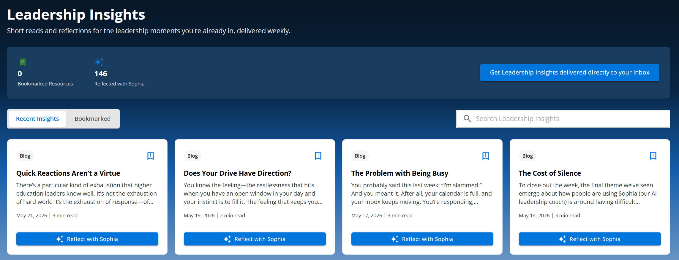 A view of Leadership Insights in My Path. Text at the top reads, "Leadership Insights, short reads and reflections for the leadership moments you're already in, delivered weekly." The tab shows different tiles with different issues and gives you the option to subscribe via email and the option to bookmark specific issues.