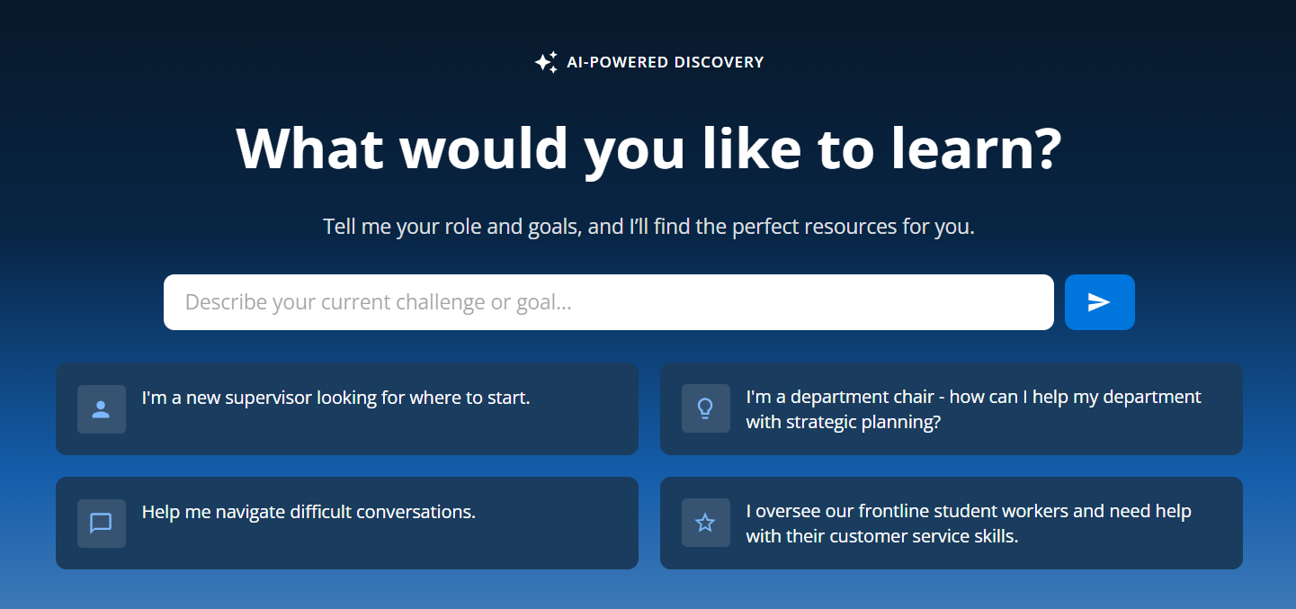 Image of Training & Resources within My Path. Text reads "AI-powered discovery. What would you like to learn? Tell me your role and goals, and I'll find the perfect resources for you." Then there is a box with a search bar and some suggested topics below. 